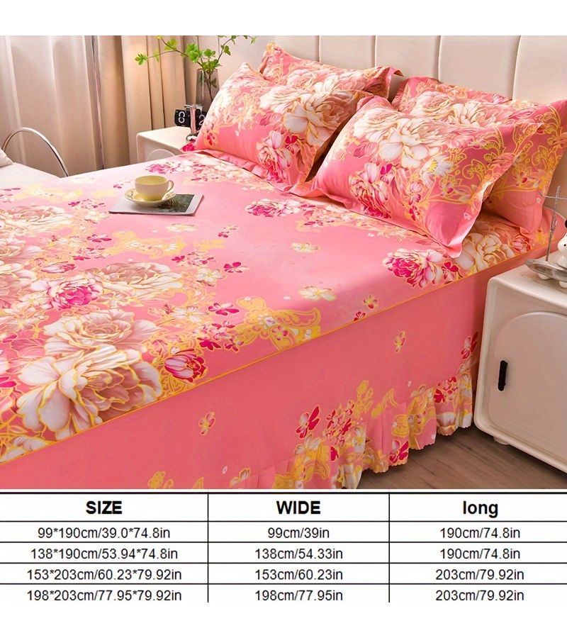Rose Red Floral Print Bed Skirt Set With Pillowcases Non Slip Straps - Image 3