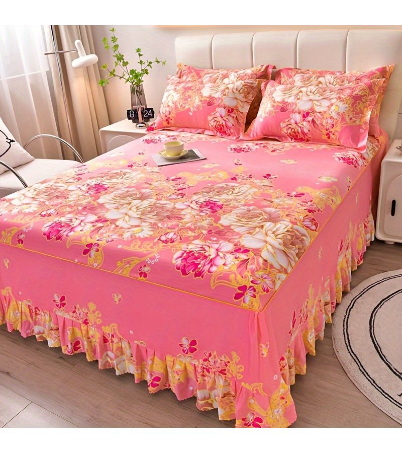 Rose Red Floral Print Bed Skirt Set With Pillowcases Non Slip Straps - Image 1