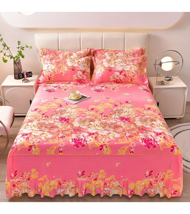 Rose Red Floral Print Bed Skirt Set With Pillowcases Non Slip Straps - Image 2