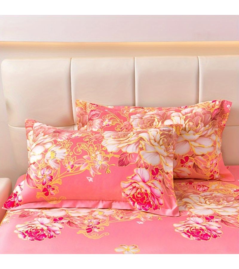 Rose Red Floral Print Bed Skirt Set With Pillowcases Non Slip Straps - Image 4