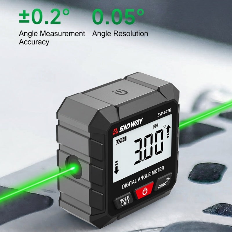 SNDWAY Digital Inclinometer 360° ±0.2° Accuracy Dual Green Laser Lines - 4×90° Quadrant Display Auto-Rotating Backlit LCD Four-Sided Metal Grip Base Digital Goniometer for Woodworking Construction Surveying - Image 5