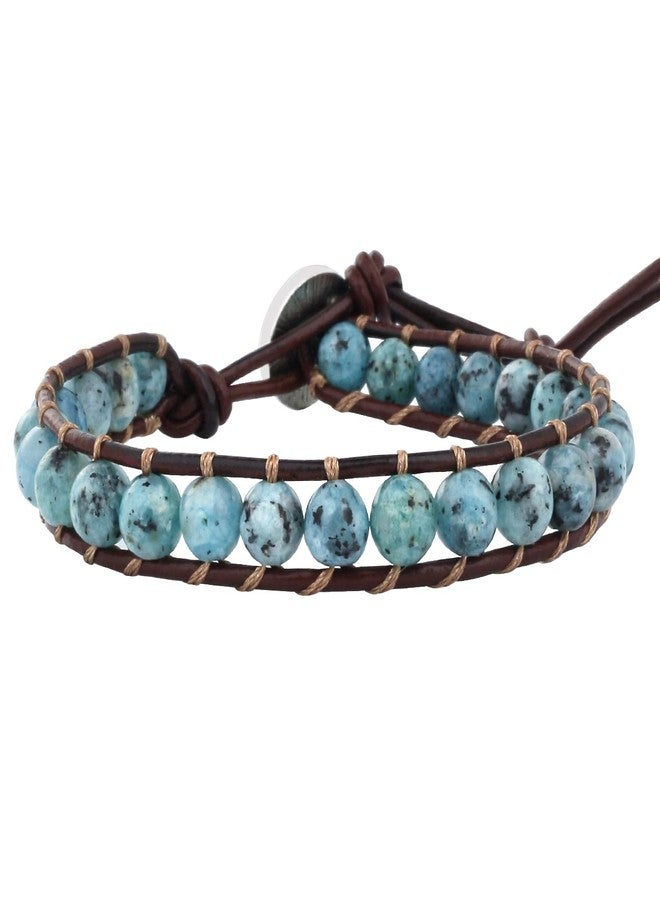 KELITCH Turquoise Mix Beaded Bracelets Single Wrap Bracelet on Brown Leather Handwoven New Jewelry (Green 01) - Image 1