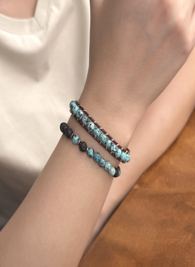 KELITCH Turquoise Mix Beaded Bracelets Single Wrap Bracelet on Brown Leather Handwoven New Jewelry (Green 01) - Image 4