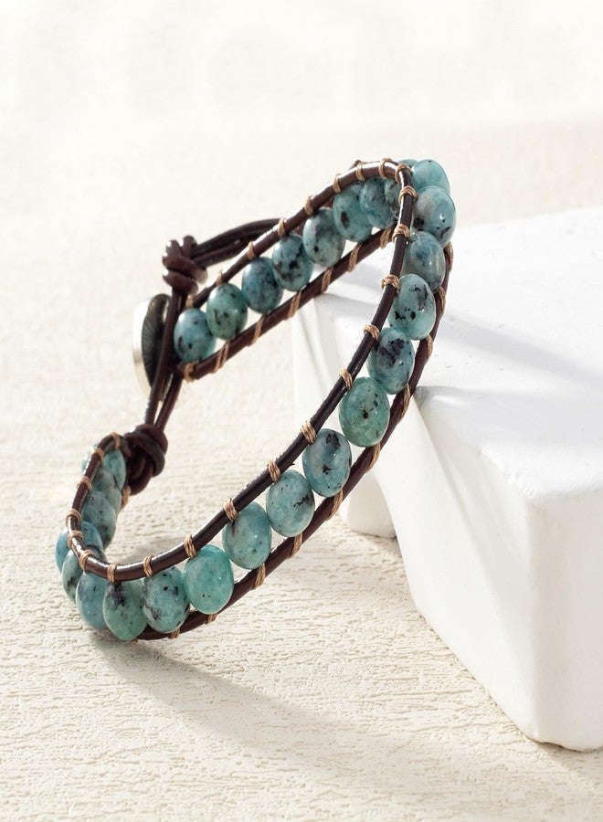 KELITCH Turquoise Mix Beaded Bracelets Single Wrap Bracelet on Brown Leather Handwoven New Jewelry (Green 01) - Image 3