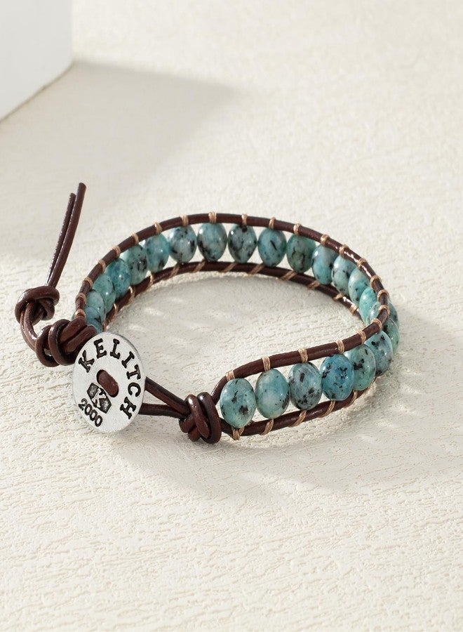 KELITCH Turquoise Mix Beaded Bracelets Single Wrap Bracelet on Brown Leather Handwoven New Jewelry (Green 01) - Image 5