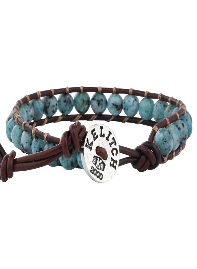 KELITCH Turquoise Mix Beaded Bracelets Single Wrap Bracelet on Brown Leather Handwoven New Jewelry (Green 01) - Image 2