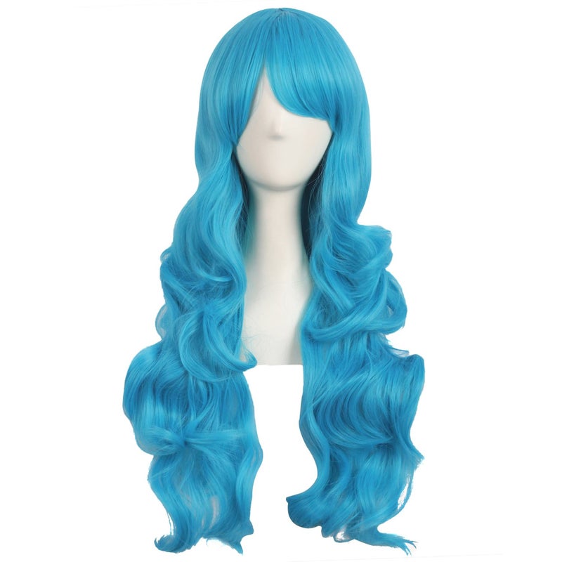 MapofBeauty MapofBeauty 28 Inch70cm Charming Women Side Bangs Long Curly Full Hair Synthetic Wig Cyan Blue 