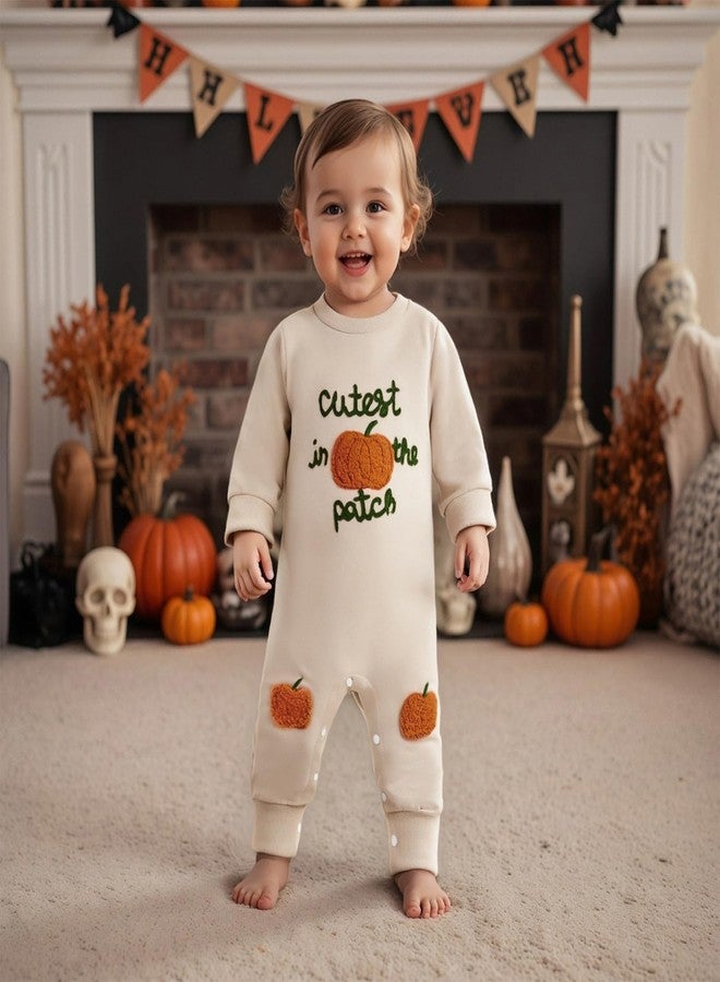 Lamuusaa Newborn Baby Girl Boy Halloween Outfit Cutest Pumpkin In the Patch Romper Pumpkin Bodysuit Jumpsuit Fall Outfit (Apricot, 12-18 Months) - Image 2