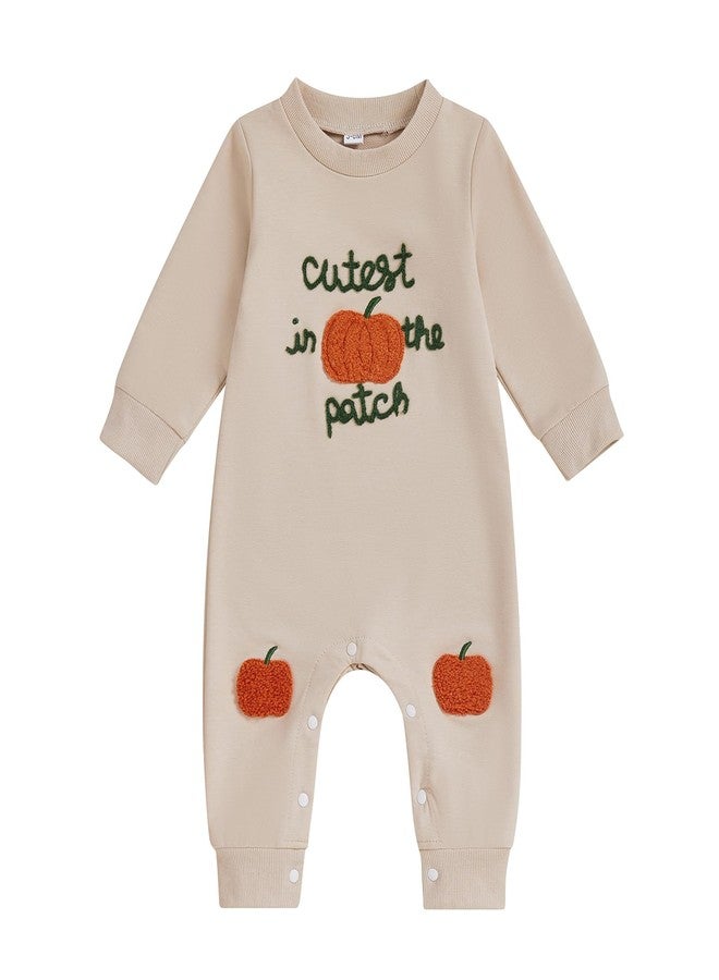 Lamuusaa Newborn Baby Girl Boy Halloween Outfit Cutest Pumpkin In the Patch Romper Pumpkin Bodysuit Jumpsuit Fall Outfit (Apricot, 12-18 Months) - Image 1