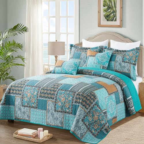 VAPUTAR Cotton Quilt Queen Size Bedding Set - 3 Pieces Queen Quilt Bedding Set, Boho Queen Size Quilts, Lightweight Reversible Coverlets Bedspreads for Farmhouse Bedroom (Teal/Green Chic) - Image 2