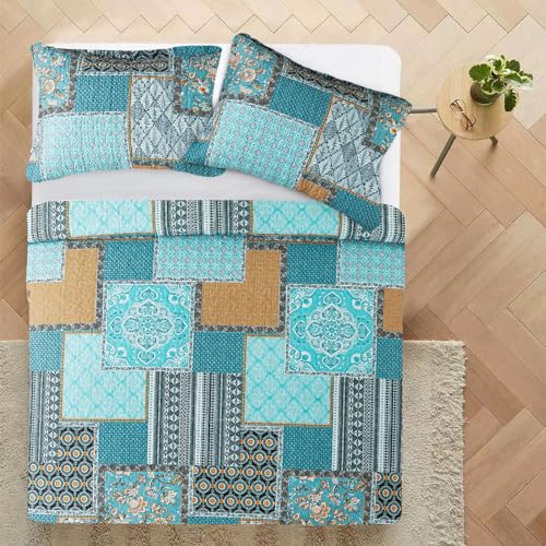 VAPUTAR Cotton Quilt Queen Size Bedding Set - 3 Pieces Queen Quilt Bedding Set, Boho Queen Size Quilts, Lightweight Reversible Coverlets Bedspreads for Farmhouse Bedroom (Teal/Green Chic) - Image 3