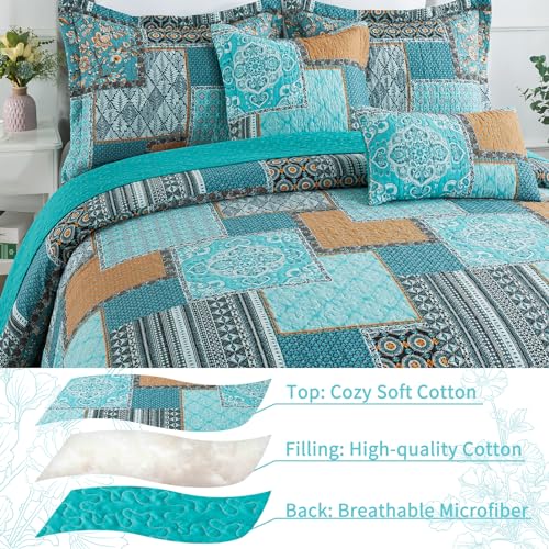 VAPUTAR Cotton Quilt Queen Size Bedding Set - 3 Pieces Queen Quilt Bedding Set, Boho Queen Size Quilts, Lightweight Reversible Coverlets Bedspreads for Farmhouse Bedroom (Teal/Green Chic) - Image 4