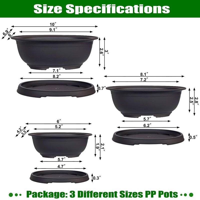 MUZHI 3 Pack Mixed Size Oval Bonsai Planter Pot with Drainage Tray, Matte Finish Ellipse Plastic Bonsai Succulent Growing Pot for Home Garden Plant Container 9.1â€ 7.2â€ 5.2â€ - Image 2