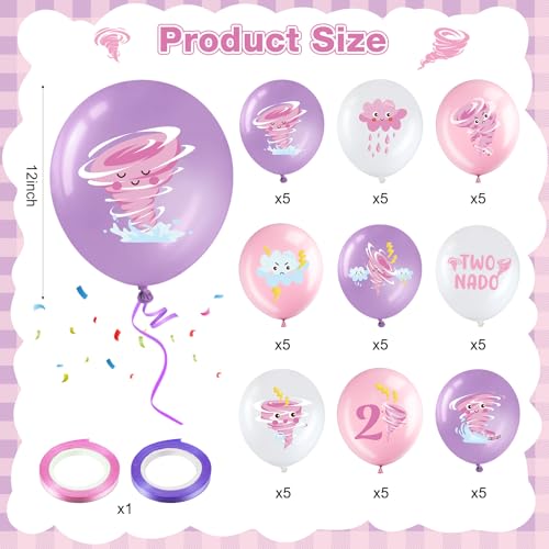 Blosssound 45 Pcs Two Nado Birthday Party Decorations for Girls Two Nado Balloons Tornado Theme Balloon with Pink and Purple Ribbons Tornado 2nd Birthday Party Decor for Girl Kid Baby Shower Supplies - Image 5