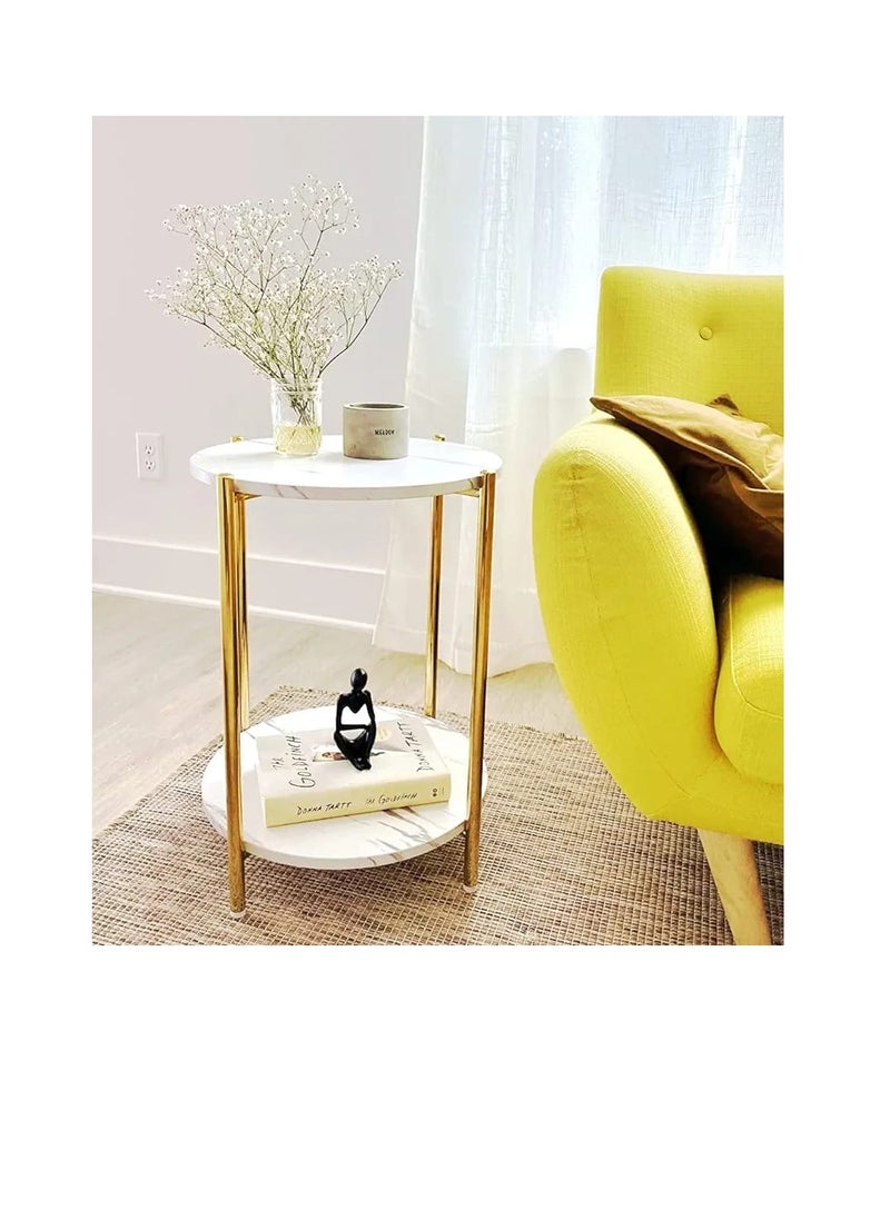 Generic 2 Tier Marble Coffee Table: Minimalist Nordic Style White Elegant Round Tables Tea Table Sturdy Gold Metal Frame Corner Table Bedroom Bedside Table  - Image 1