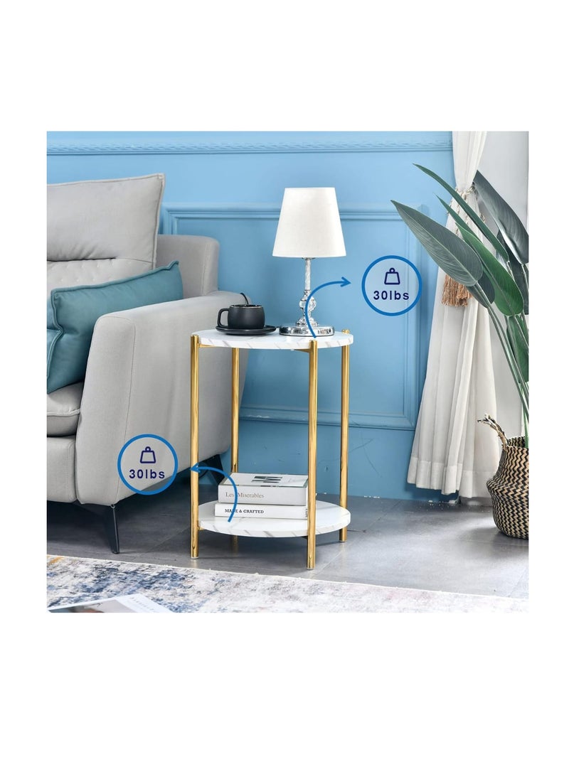 Generic 2 Tier Marble Coffee Table: Minimalist Nordic Style White Elegant Round Tables Tea Table Sturdy Gold Metal Frame Corner Table Bedroom Bedside Table  - Image 2