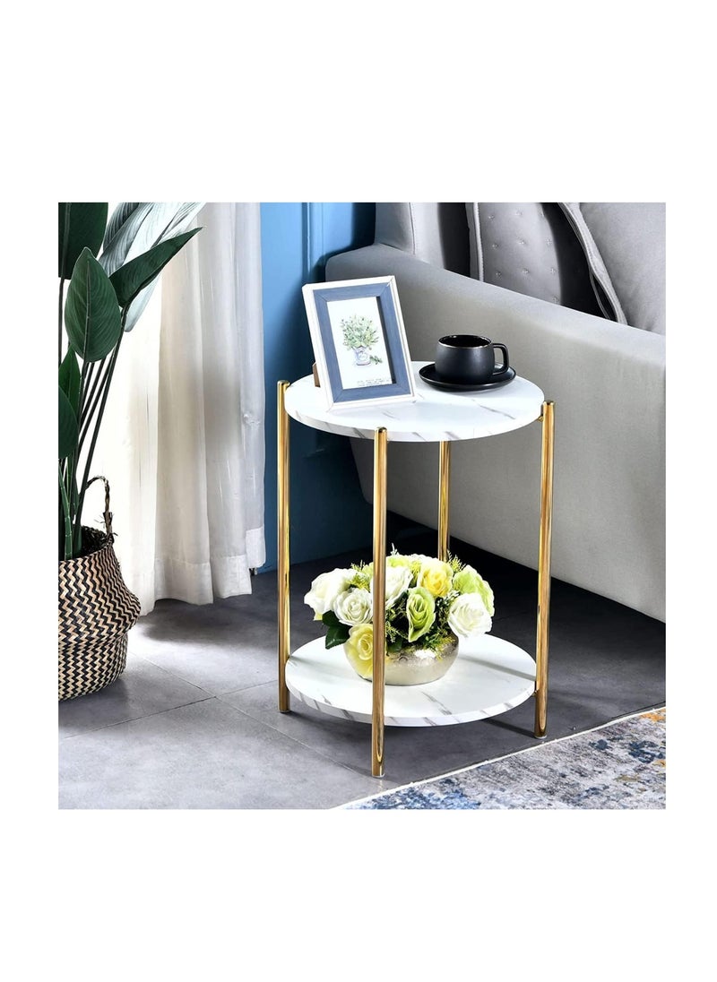 Generic 2 Tier Marble Coffee Table: Minimalist Nordic Style White Elegant Round Tables Tea Table Sturdy Gold Metal Frame Corner Table Bedroom Bedside Table  - Image 4