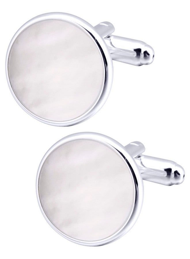 Jonwo Silver Mother Of Pearl Cufflinks In Gift Box Round Cuff Links For Business Wedding Anniversary Dress - Image 1