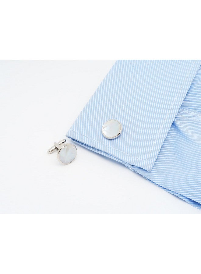 Jonwo Silver Mother Of Pearl Cufflinks In Gift Box Round Cuff Links For Business Wedding Anniversary Dress - Image 2