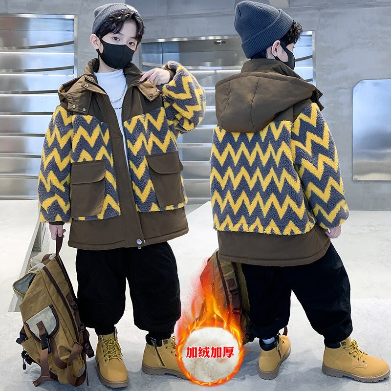 Boys Plus Velvet Coat 2024 Winter Western Style Baby Wool Sweater Padded Children'S Boy Hooded Coat - Image 3