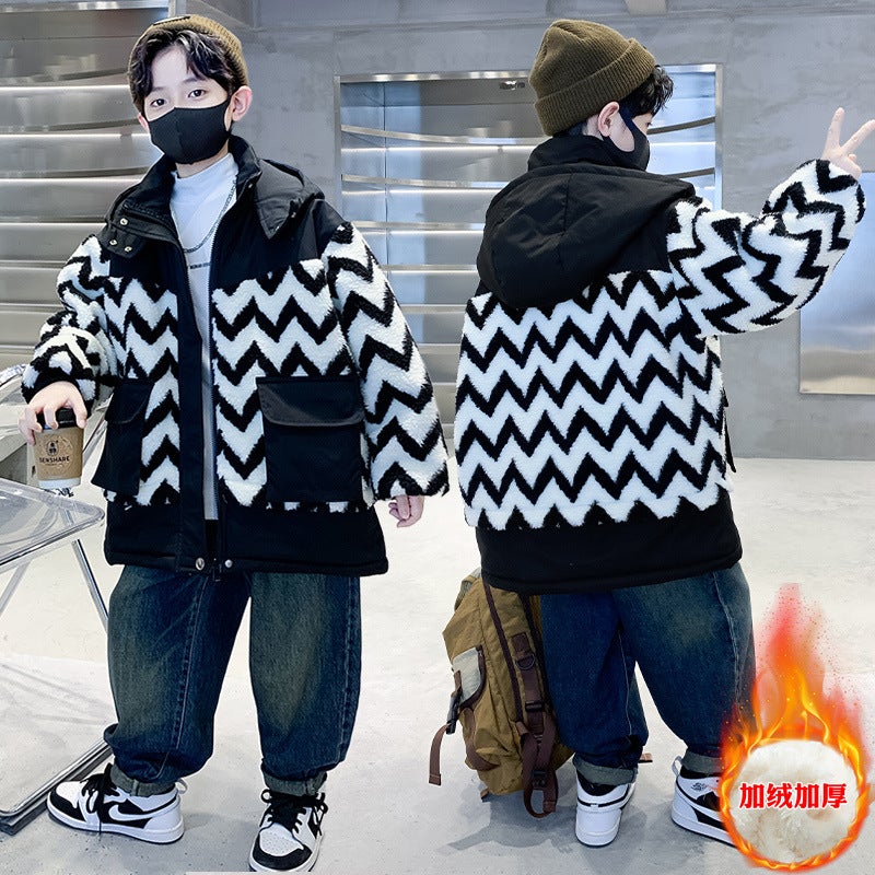 Boys Plus Velvet Coat 2024 Winter Western Style Baby Wool Sweater Padded Children'S Boy Hooded Coat - Image 5