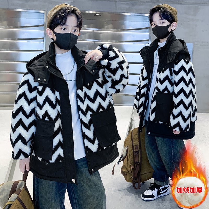 Boys Plus Velvet Coat 2024 Winter Western Style Baby Wool Sweater Padded Children'S Boy Hooded Coat - Image 2