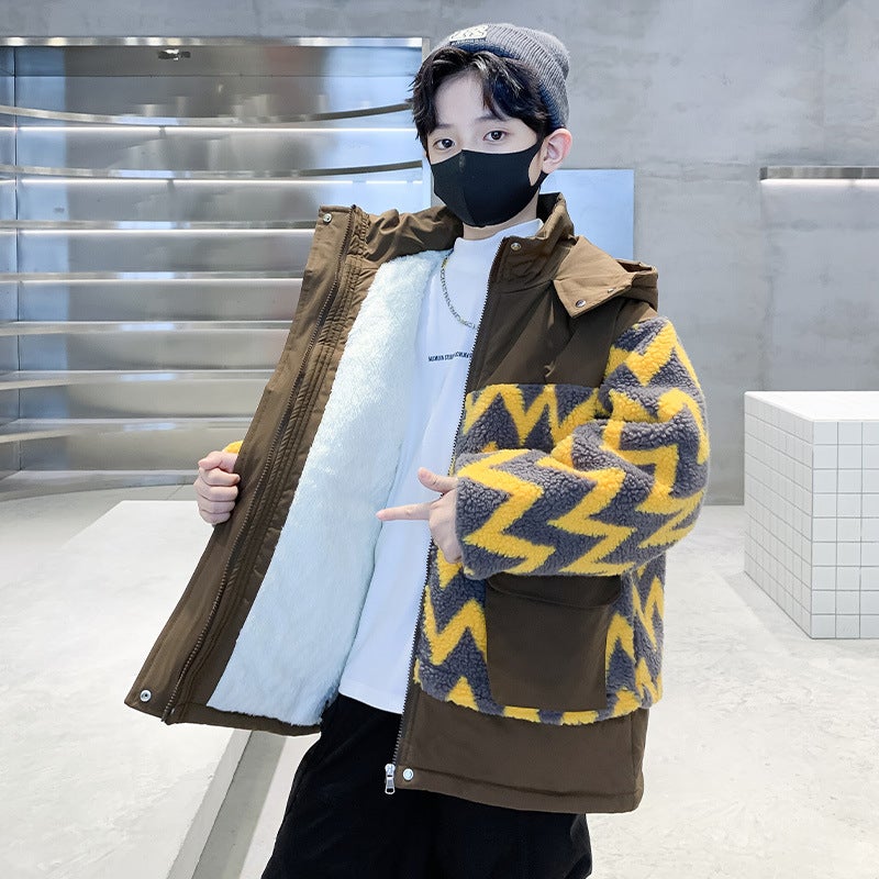 Boys Plus Velvet Coat 2024 Winter Western Style Baby Wool Sweater Padded Children'S Boy Hooded Coat - Image 1