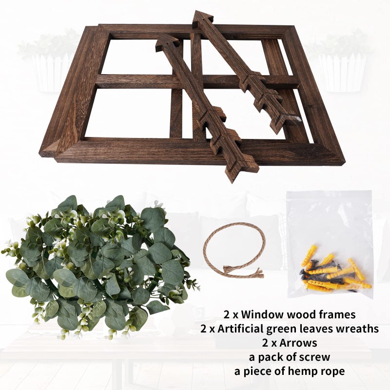 WAKOSAN Rustic Wood Window Frame with Green Wreath and Arrows Wall Decorï¼ŒFarmhouse Window Frame Hanging Decor,Wooden Fake Decoration,Window Pane Wall Decor,Set of 2 (Brown) - Image 2