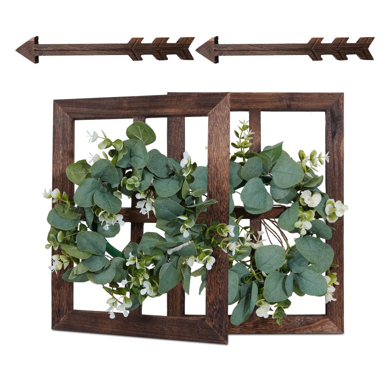 WAKOSAN Rustic Wood Window Frame with Green Wreath and Arrows Wall Decorï¼ŒFarmhouse Window Frame Hanging Decor,Wooden Fake Decoration,Window Pane Wall Decor,Set of 2 (Brown) - Image 1