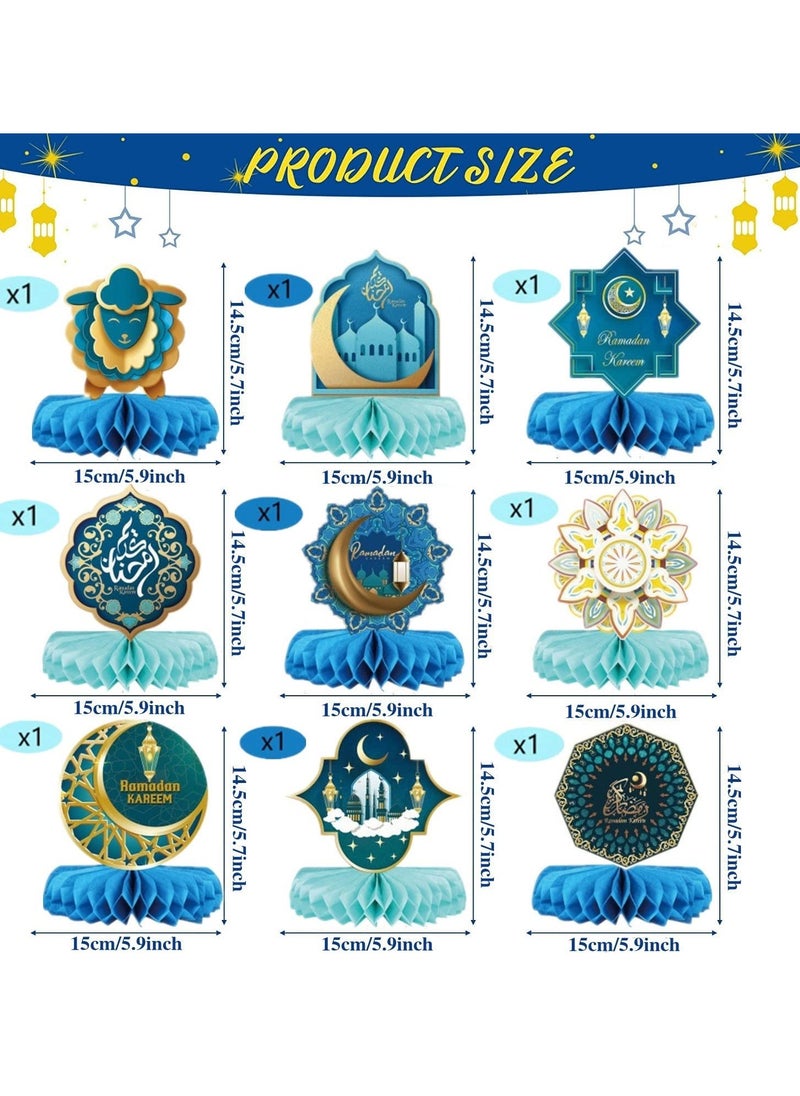 موردلي 9 قطع من قطع مركزية عيد مبارك ثلاثية الأبعاد على شكل قرص العسل، أغطية طاولات ورقية رمضانية على شكل قرص العسل ديكور، زينة طاولة على شكل قرص العسل لحفلات عيد الفطر الإسلامي، لوازم ديكور المنزل  - Image 4