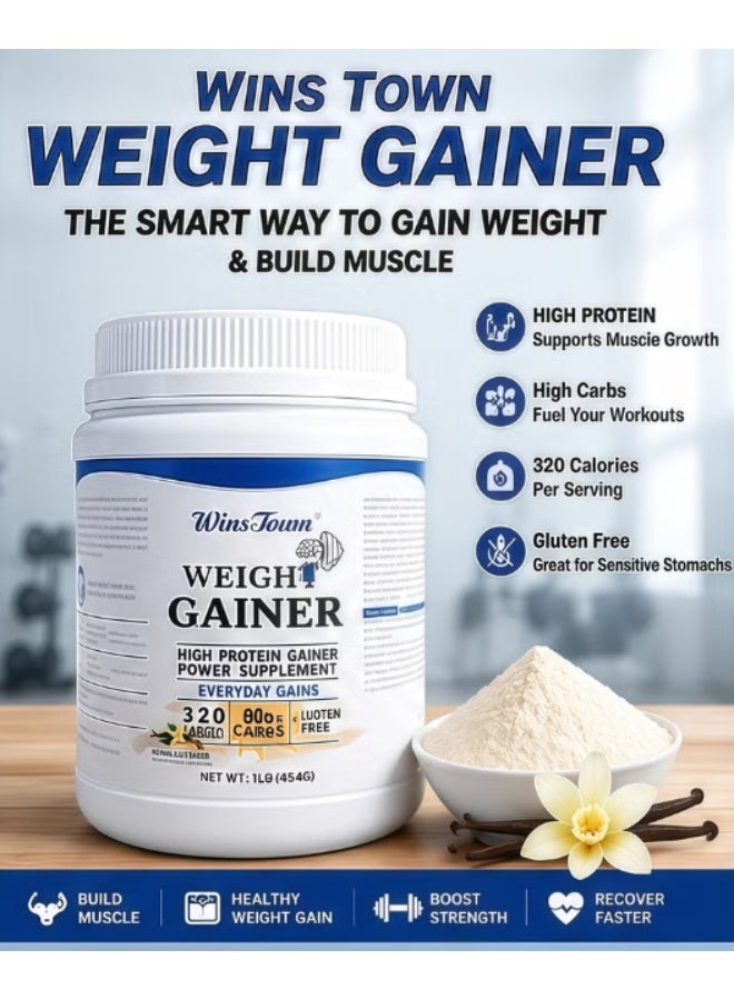 مسحوق WinsTown Whey Weight Gainer، نكهة الفانيليا، مكمل غذائي عالي البروتين ومنخفض الدهون وعالي الكربوهيدرات للأشخاص النحيفين للحصول على وزن صحي وبناء العضلات، مسحوق تغذية رياضي للياقة البدنية، 450 جم