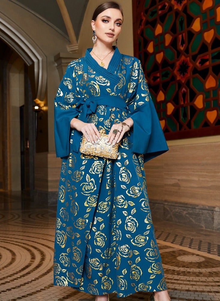 Womens Muslim Abaya Bronzing Printing Evening Dress With Belt Arabian Maxi Robe Blue  - Image 1