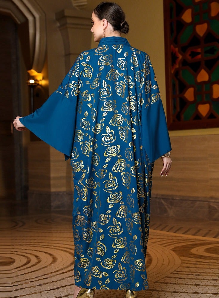 Womens Muslim Abaya Bronzing Printing Evening Dress With Belt Arabian Maxi Robe Blue  - Image 2