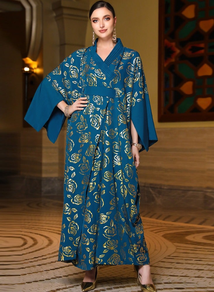 Womens Muslim Abaya Bronzing Printing Evening Dress With Belt Arabian Maxi Robe Blue  - Image 3