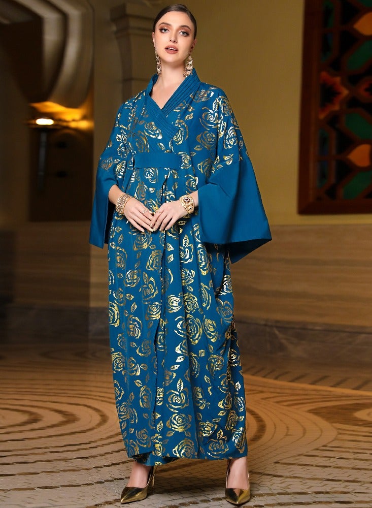 Womens Muslim Abaya Bronzing Printing Evening Dress With Belt Arabian Maxi Robe Blue  - Image 4