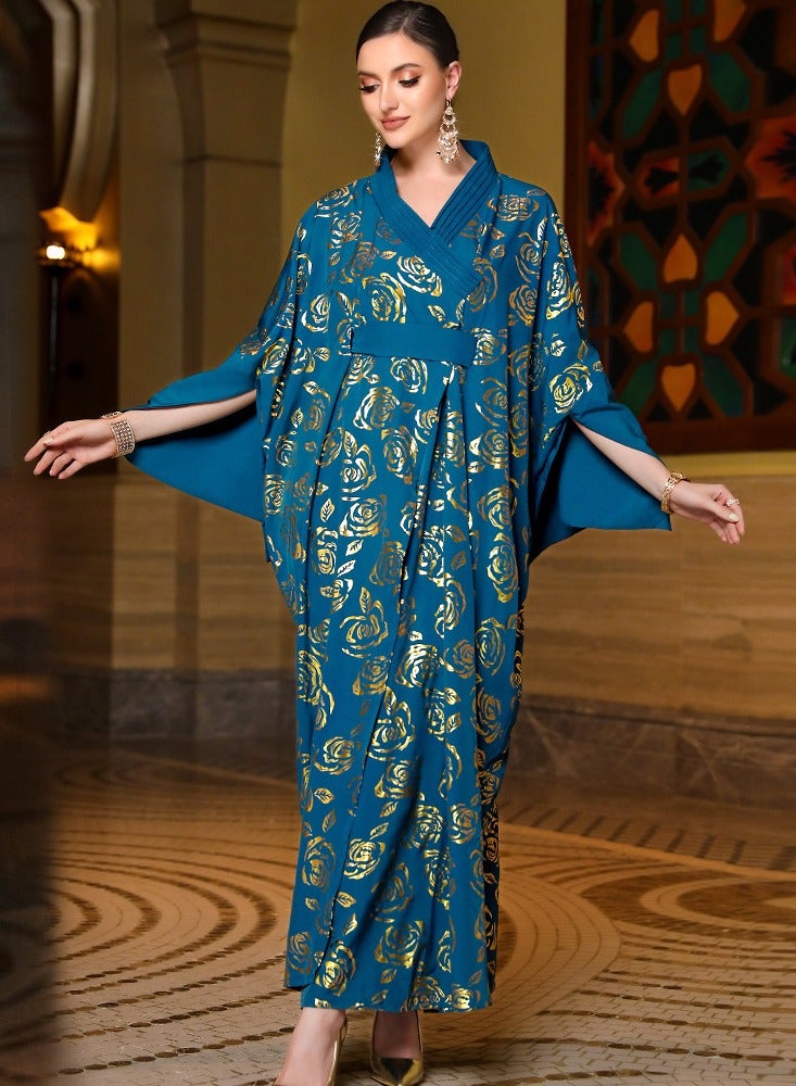 Womens Muslim Abaya Bronzing Printing Evening Dress With Belt Arabian Maxi Robe Blue  - Image 5