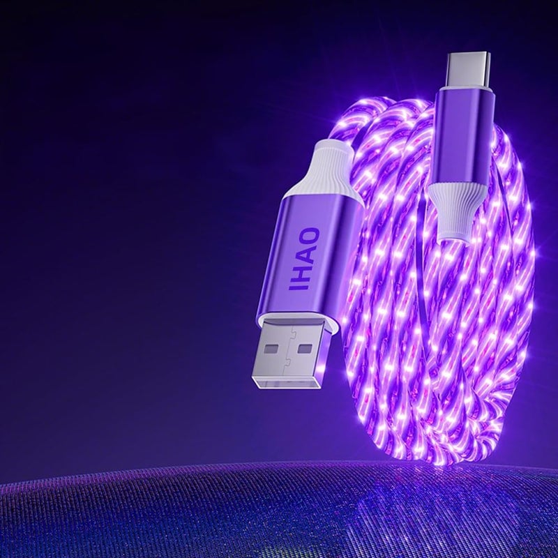 IHAO كابل شاحن IHAO من USB A إلى Type C PD بقوة 60 واط سريع الشحن مع إضاءة LED مرئية باردة متدفقة لجميع أجهزة USB C - 39 بوصة بنفسجي نجمي - Image 1