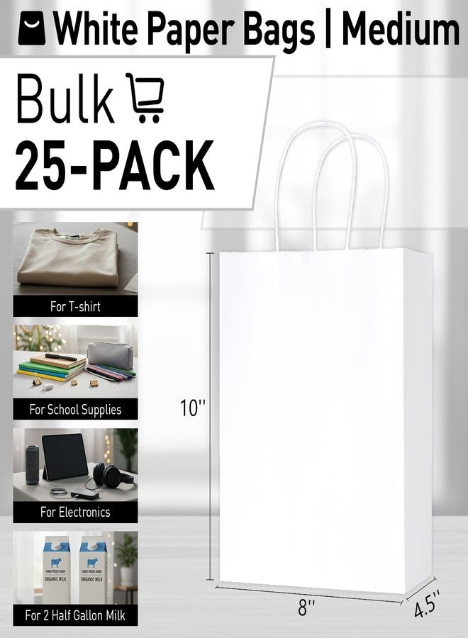 SUNCOLOR 25-Pack White Bags with Handles - Medium 8"×4.5"×10" Shopping Bags - Sturdy Kraft Paper Gift Bags for Retail, Party Favors, Merchandise, Business - Eco-Friendly Packaging - Image 2