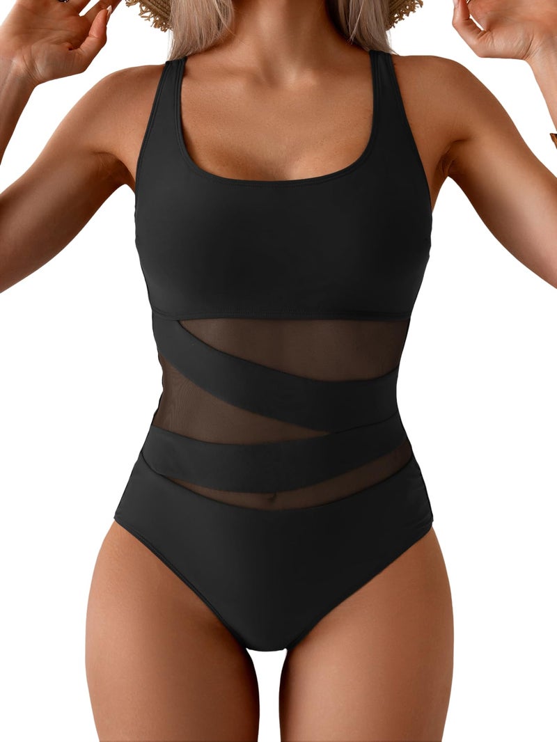 B2prity Women's Mesh One Piece Swimsuit Tummy Control Sexy Bathing Suit Push Up Swim Suit Slimming Swimwear Black - Image 1