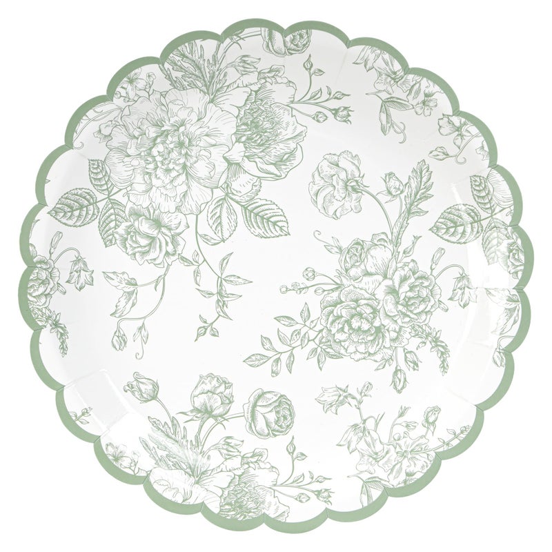 Elyxio 24 Pcs Floral Party Plates Floral Leaf Scalloped Disposable Paper Plates Sage Green and White Toile 9" Dinner Plates for Christmas Bridal Baby Shower Tea Party Supplies Table Decor - Image 1