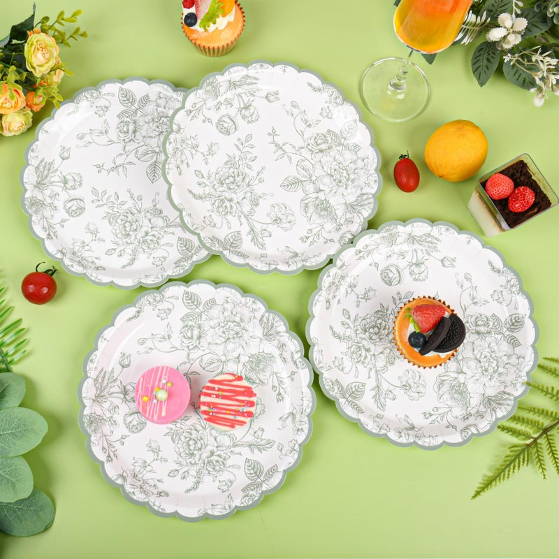 Elyxio 24 Pcs Floral Party Plates Floral Leaf Scalloped Disposable Paper Plates Sage Green and White Toile 9" Dinner Plates for Christmas Bridal Baby Shower Tea Party Supplies Table Decor - Image 5