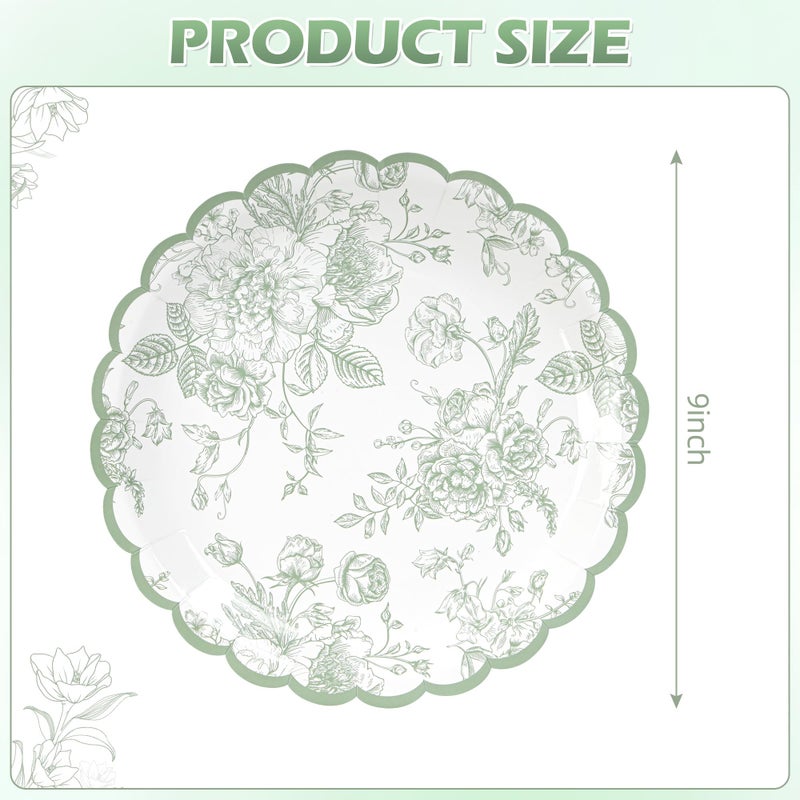 Elyxio 24 Pcs Floral Party Plates Floral Leaf Scalloped Disposable Paper Plates Sage Green and White Toile 9" Dinner Plates for Christmas Bridal Baby Shower Tea Party Supplies Table Decor - Image 2