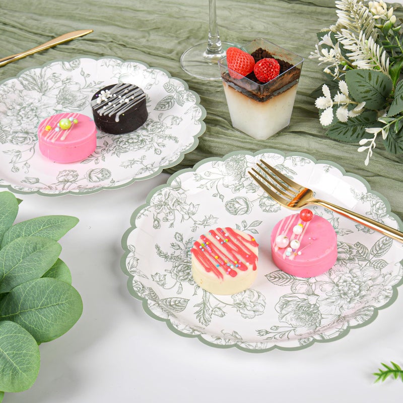 Elyxio 24 Pcs Floral Party Plates Floral Leaf Scalloped Disposable Paper Plates Sage Green and White Toile 9" Dinner Plates for Christmas Bridal Baby Shower Tea Party Supplies Table Decor - Image 4
