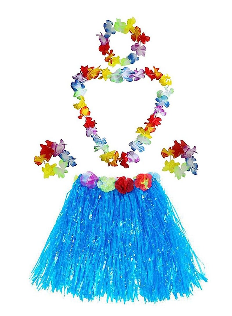 Party Time 5pcs Set of Blue Hula Hawaiian Skirt Costume - Image 1