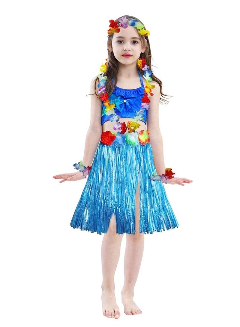 Party Time 5pcs Set of Blue Hula Hawaiian Skirt Costume - Image 2