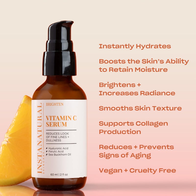 InstaNatural Vitamin C Face Serum with Hyaluronic Acid & Ferulic Acid | Brightening & Hydrating Formula for Radiant, Smooth-Looking Skin - 2 FL Oz - Image 2