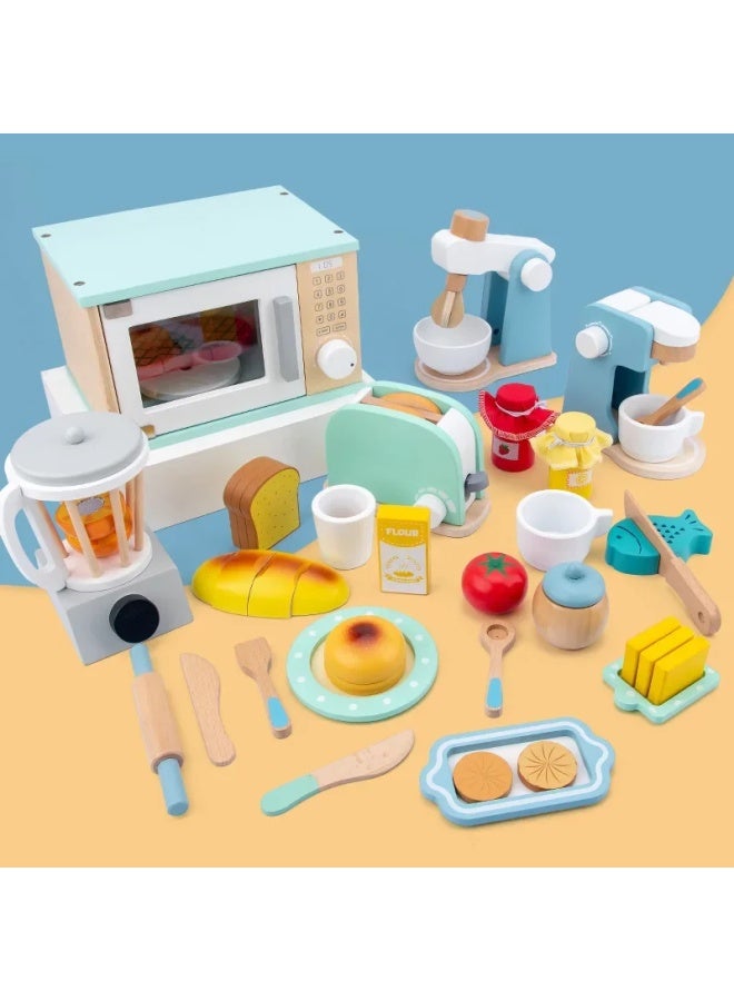 Wooden Simulation Toast Maker Kitchen Toy Set For Boys And Girls Pretend Play Cooking Meal Cooking Restaurant Role Play-Color:GSL-gray White Hot Water Kettle - Image 3