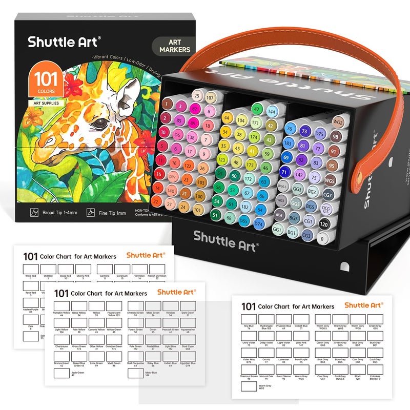 Shuttle Art 101 Colors Alcohol Markers, 100 Colors Dual Tip Art Marker Set Plus 1 Colorless Blender with Marker Case Perfect for Illustration Students Adult Coloring Sketching - Image 1