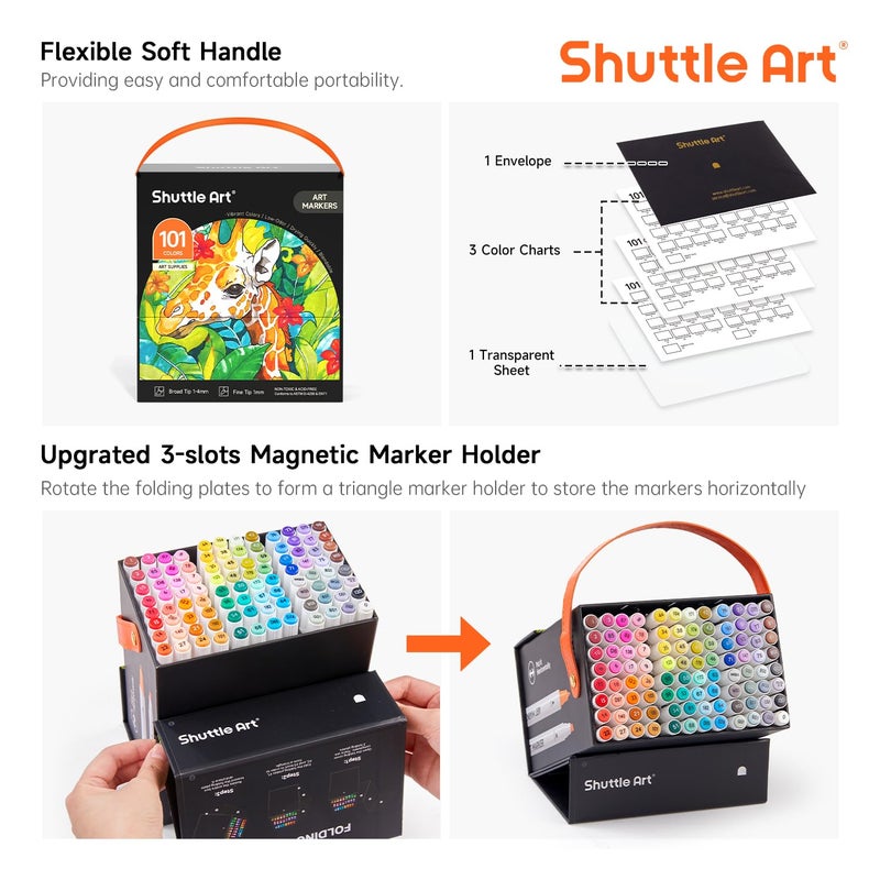 Shuttle Art 101 Colors Alcohol Markers, 100 Colors Dual Tip Art Marker Set Plus 1 Colorless Blender with Marker Case Perfect for Illustration Students Adult Coloring Sketching - Image 4