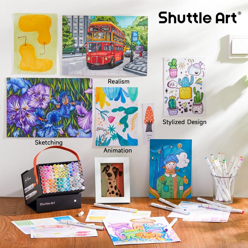Shuttle Art 101 Colors Alcohol Markers, 100 Colors Dual Tip Art Marker Set Plus 1 Colorless Blender with Marker Case Perfect for Illustration Students Adult Coloring Sketching - Image 5